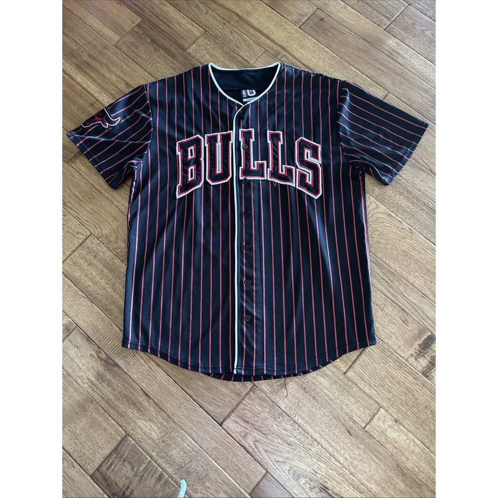 Chicago Bulls Baseball Jersey Men L Spellout Black Pinstripe Basketball 90s Vtg